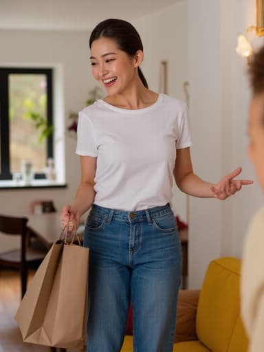 30대 초반의 동양인 여성이 쇼핑 가방을 들고 가족과 활기차게 대화하며 웃고 있는 모습이 아늑한 거실 배경에서 포착되었습니다. 그녀는 캐주얼한 티셔츠와 청바지를 입고 있으며 따뜻한 분위기가 둘러싸고 있습니다.