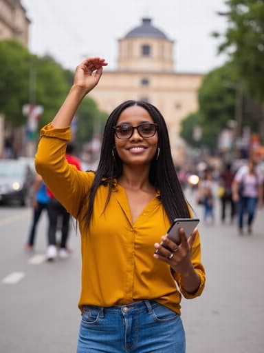 자연스러운 외모를 가진 20대 후반의 아프리카계 여성의 반신 사진. 세련된 블라우스와 진을 입고 있으며, 한 손에 전화를 들고 다른 손으로 머리를 넘기며 자신감 넘치는 미소를 짓고 있습니다. 활기찬 사람들이나 차량이 지나가는 도시 거리 배경에서 촬영되었습니다.