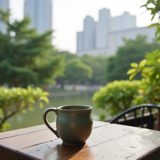 나무 테이블 위에 세라믹 머그컵의 클로즈업, 푸릇푸릇한 녹지와 도시 전경이 배경으로 있는, 부드러운 자연광, 머그컵의 질감에 대한 세부 사항, 유약의 미세한 결함, 머그컵을 강조하는 심도, 고요하고 평화롭고 도시적인 시크