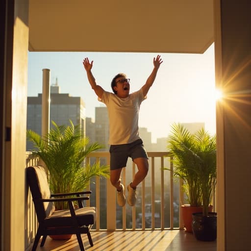 30대 후반 아시아계 남성이 캐주얼한 복장을 하고 햇살이 비치는 베란다에서 점프하며 화난 표정을 짓고 있습니다. 아늑한 분위기의 화분과 의자가 있는 환경 속에서 그의 강렬한 감정이 드러납니다.
