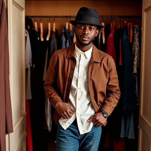 20대 초반 아프리카계 남성이 다양한 의상과 액세서리가 진열된 옷장 앞에서 옷을 고르고 있습니다. 그는 트렌디한 셔츠와 청바지를 착용하고 있으며, 스타일리시한 액세서리로 멋을 더했습니다. 매력적이고 자신감 넘치는 표정이 현대 패션의 본질을 잘 드러냅니다.