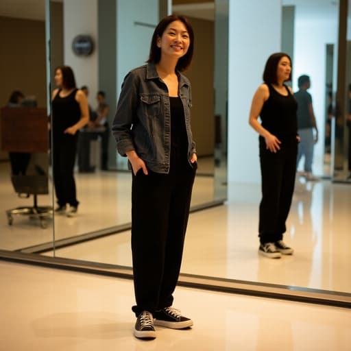 세련된 캐주얼 의상을 입고 스니커즈를 신은 40대 중반의 동양인 여성이 미러룸에서 손을 주머니에 넣고 밝게 웃고 있습니다. 배경의 빛 반사가 이미지의 따뜻하고 매력적인 분위기를 더욱 강조합니다.