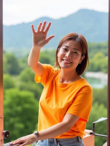 40대 중반의 동양인 여성이 밝은 티셔츠와 청바지를 입고 아름다운 풍경이 보이는 베란다에 서 있습니다. 그녀는 자유롭게 미소를 지으며 손을 흔들며 인사하고 있으며, 따뜻함과 친근함을 발산하고 있습니다.