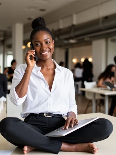 30대 후반의 자신감 넘치는 흑인 여성이 현대적인 공유 오피스에서 크로스 레그로 앉아 있습니다. 그녀는 화이트 블라우스와 블랙 팬츠를 입고 밝은 미소를 지으며 전화기를 귀에 대고, 손은 노트북 키보드 위에 두고 있습니다. 배경에는 다양한 사람들이 함께 일하는 활기찬 공간이 있습니다.