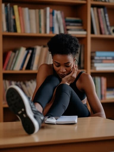 20대 중반의 아프리카계 여성이 스포츠웨어를 입고 책으로 가득한 스터디룸에서 노트를 바라보며 절망한 표정으로 깊은 생각에 잠겨 있는 모습입니다.