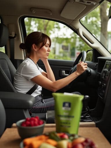 40대 초반의 라틴계 여성이 편안한 운동복과 스니커즈를 입고 있는 반신 사진. 그녀는 주방에서 운전대에 손을 얹고 약간 긴장된 피곤한 표정을 짓고 있다. 배경에는 일상적인 주방 환경이 보이며, 식탁에는 건강한 간식들이 놓여 있어 그녀의 표정과 활기찬 환경의 대조를 강조한다.