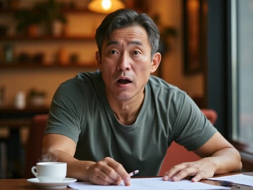 50대 초반의 놀란 아시아계 남성이 편안한 티셔츠와 운동복 바지를 입고 카페 테이블 위의 문서를 바라보며 눈이 크게 뜨여 있고 입이 약간 벌어진 모습의 반신 샷을 담고 있습니다. 배경은 아늑한 카페 환경으로, 커피잔과 흩어져 있는 문서들이 따뜻하고 초대하는 분위기를 만들어냅니다.