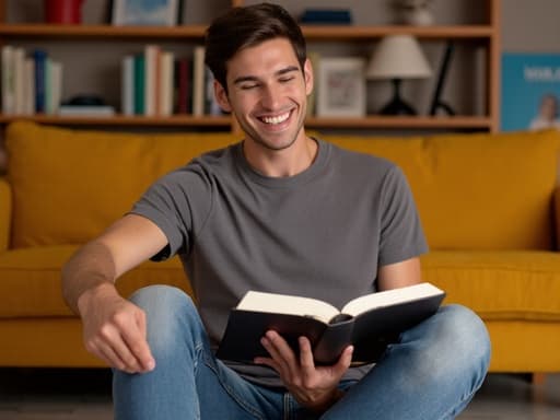 20대 후반의 유럽계 남성이 아늑한 거실 바닥에 앉아 책을 읽으며 즐거운 표정을 짓고 있습니다. 그는 편안한 티셔츠와 청바지를 입고 있으며, 배경에는 멋진 소파와 잘 정돈된 책장이 있어 따뜻하고 초대하는 분위기를 자아냅니다.