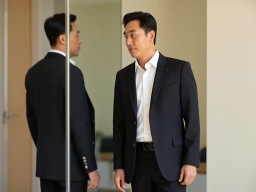 40대 중반의 아시아계 남성이 밝은 현대적인 방에서 세련된 비즈니스 캐주얼 의상인 흰색 셔츠와 검은색 자켓을 입고 있습니다. 그는 세련된 거울을 바라보며 약간 스트레스를 받은 듯한 표정을 짓고, 손을 자연스럽게 내린 자세로 자신을 반영하며 사색의 순간을 포착하고 있습니다.