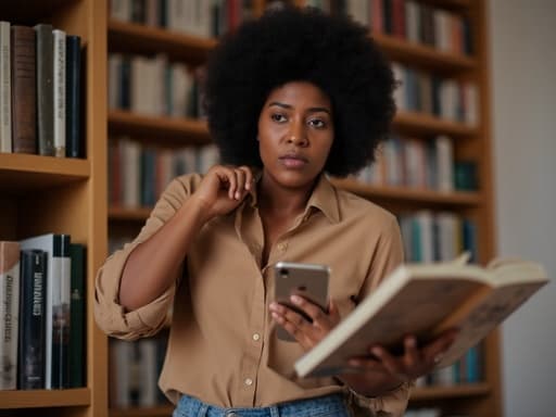 중반 30대의 아프리카계 여성이 조용한 도서관에서 캐주얼한 블라우스와 청바지를 입고 서 있습니다. 그녀는 화난 표정을 짓고 있으며, 한 손에는 스마트폰을 들고 다른 손으로 요리책을 넘기고 있습니다. 서가가 배경으로 조용한 분위기를 연출하며 그녀의 요리에 대한 감정적인 연결과 직면한 도전 과제를 강조합니다.