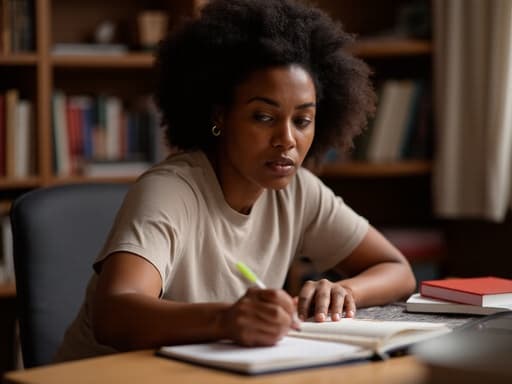 30대 후반 아프리카계 여성의 반신 촬영 이미지로, 편안한 티셔츠와 청바지를 입고 있습니다. 그녀는 노트를 집중해서 쓰고 있으며, 분노한 표정을 짓고 있습니다. 아늑한 집안의 책상 위에는 책들이 놓여 있어 공부하는 분위기를 강조하고 있습니다. 따뜻한 조명이 장면의 감정적 대비를 더해 주며, 자연스럽고 공감할 수 있는 공부 환경을 만들어냅니다.