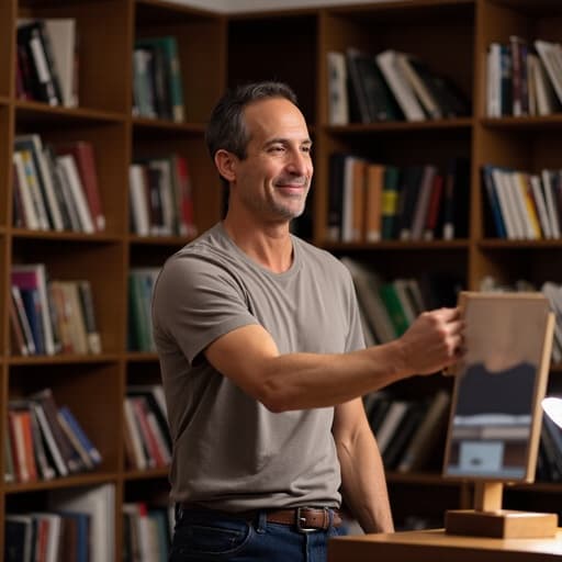 이 이미지는 40대 중반의 자연스러운 외모를 가진 라틴계 남성이 편안한 티셔츠와 청바지를 입고 거울을 보며 화장하는 모습을 반신으로 담고 있습니다. 조용한 도서관 안의 서가에 가득한 책들로 둘러싸인 따뜻한 분위기 속에서 자신감과 자기 관리의 느낌을 전달합니다.