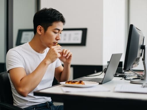 40대 초반 동양인 남성이 캐주얼한 티셔츠와 청바지를 입고 의기소침한 표정을 짓고 있으며, 깔끔한 책상 위의 노트북 옆에서 음식을 먹고 있는 모습. 사무실 환경이 잘 드러난 이미지입니다.