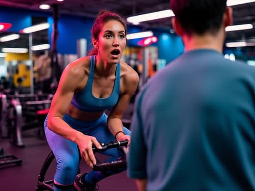 중반 30대 백인 여성이 운동복을 입고, 활기찬 체육관 환경에서 운동기구와 상호 작용하며 놀란 표정을 짓고 있는 반신 사진입니다.