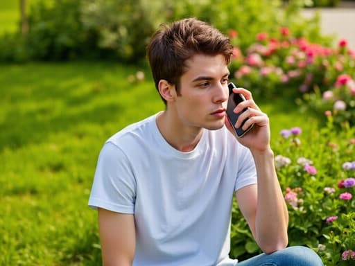 이 이미지는 캐주얼한 티셔츠와 청바지를 입은 10대 후반의 유럽계 남성이 스마트폰을 귀에 대고 차분한 표정을 짓고 있는 모습을 담고 있습니다. 그는 푸르고 다양한 꽃들로 가득한 정원에 서 있으며, 전체적인 분위기는 평화롭고 초대하는 느낌을 줍니다.