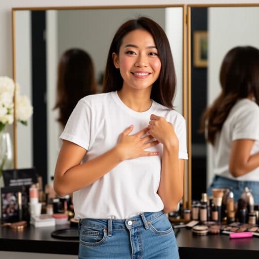 20대 중반의 혼혈 여성이 화장대 앞에서 화장하며 밝게 웃고 있는 반신 샷. 세련된 미러룸에서 자신감 넘치는 표정과 캐주얼한 의상이 잘 어우러진 모습.