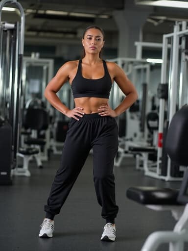 20대 후반의 라틴계 여성이 세련된 운동복과 운동화를 입고, 다양한 운동 기구가 배치된 헬스장에서 실망한 표정을 지으며 걷고 있는 모습의 반신 사진. 운동 중단의 느낌을 잘 전달합니다.