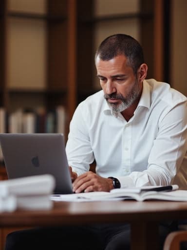 50대 초반의 혼혈 남성이 깔끔한 흰색 셔츠와 어두운 색 슬랙스를 입고 조용한 공부방의 책상에 앉아 이메일을 작성하는 모습의 반신 사진입니다. 그는 진지한 표정을 지으며 책과 노트북에 둘러싸여 차분하고 생산적인 분위기를 연출하고 있습니다.