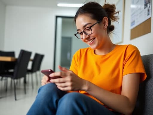 20대 중반의 백인 여성이 현대적인 회의실의 소파에 앉아 밝은 색상의 티셔츠와 청바지를 입고 있습니다. 그녀는 스마트폰으로 동영상을 보며 행복하게 미소짓고 있으며, 화이트보드와 의자가 있는 현대적인 배경이 아늑한 분위기를 더합니다.