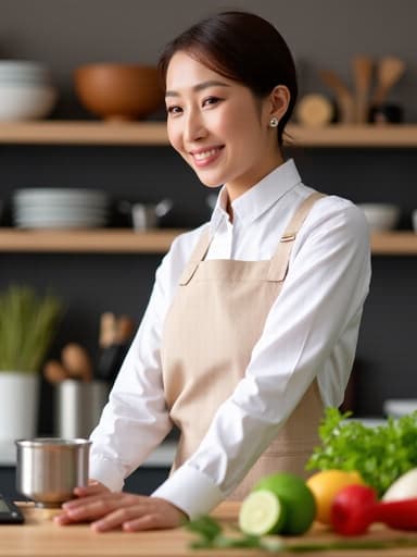 40대 중반의 우아한 동양인 여성이 흰색 셔츠와 베이지색 앞치마를 입고 현대적인 주방에서 요리를 즐기는 모습의 반신 사진입니다. 조리대에 손을 올리고 있는 그녀의 우아한 표정과 자세는 요리 예술의 창의성과 세련됨을 잘 드러냅니다.