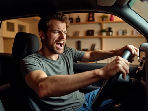 20대 후반의 유럽계 남성이 자연스러운 외모로 캐주얼한 티셔츠와 청바지를 착용하고, 분노한 표정을 짓고 있습니다. 그는 감정이 격앙된 상태로 핸들을 꽉 잡고 있으며, 편안한 집안의 거실과 음악 장비가 배치된 배경이 함께 어우러져 있습니다.