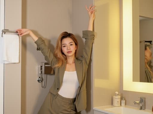 20대 후반의 자신감 넘치는 아시아계 여성은 세련된 액세서리를 착용한 캐주얼한 의상을 입고 현대적인 화장실 거울 앞에서 우아하게 스트레칭을 하고 있으며, 부드러운 조명이 세련된 인테리어를 강조합니다.