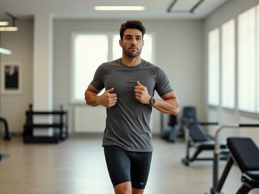 20대 후반의 중동계 남성이 운동복을 입고 약간 의기소침한 표정을 지으며, 손을 몸 옆에 두고 달리는 자세로 촬영된 반신 사진. 배경은 운동 기구가 배치된 밝고 깨끗한 필라테스 스튜디오이다.