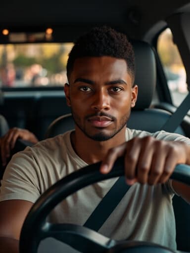 20대 후반의 흑인 남성이 자연스러운 외모로 카페에서 반신을 보이고 있으며, 캐주얼한 티셔츠와 청바지를 입고 있습니다. 우울한 표정을 짓고 있고, 운전대에 편안하게 손을 얹고 있는 모습은 감정적인 순간을 암시하며, 따뜻한 카페 배경이 장면의 깊이를 더합니다.