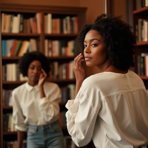 자연스러운 외모를 가진 30대 중반의 흑인 여성이 거울 앞에서 화장하고 있습니다. 깔끔한 블라우스와 청바지를 입고 있으며, 차가운 표정을 지으며 집중하는 모습입니다. 배경은 조용한 도서관의 책장으로, 교육적인 분위기를 자아내며 부드럽고 자연스러운 조명이 그녀의 외모를 강조합니다.