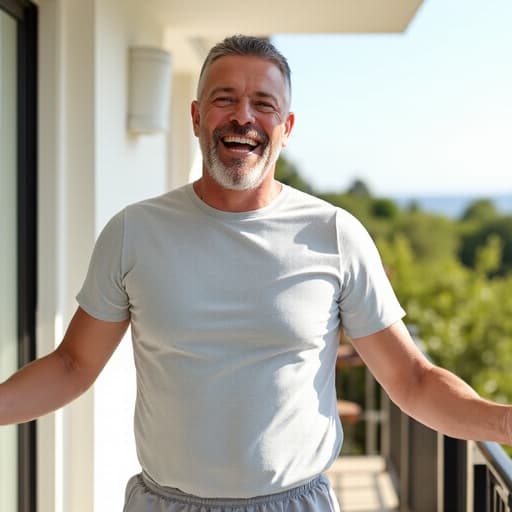 건강한 외모를 지닌 50대 초반의 유럽계 남성이 햇살이 잘 드는 베란다에 서 있습니다. 그는 반팔 티셔츠와 트레이닝 팬츠를 착용하고 있으며, 운동에 대한 열정을 표현하기 위해 팔을 약간 벌리고 있습니다. 배경에는 활기찬 야외 풍경이 있어 전체적인 에너제틱한 분위기를 더해줍니다.