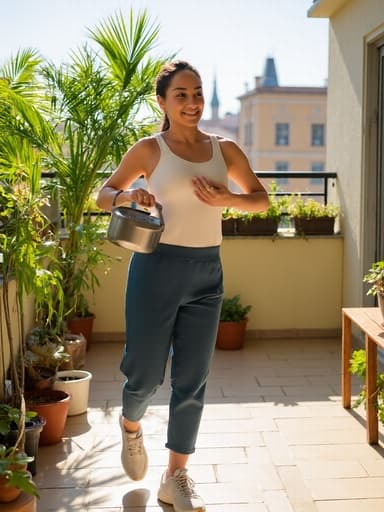 이 이미지는 20대 후반 혼혈 여성이 편안한 운동복을 입고 요리 도구를 들고 자연스럽게 미소 짓고 있는 모습을 보여줍니다. 햇살이 비치는 베란다와 다양한 식물들이 그녀의 즐거운 요리 활동을 더욱 돋보이게 합니다.