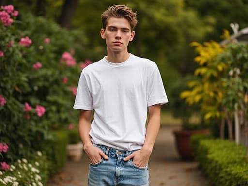 아름다운 정원에서 캐주얼한 티셔츠와 청바지를 입고 서 있는 10대 후반의 백인 남성의 반신 촬영입니다. 그는 자연스러운 외모를 가지고 있으며 무관심한 표정을 지으며 다채로운 꽃들과 나무들로 둘러싸여 있습니다.