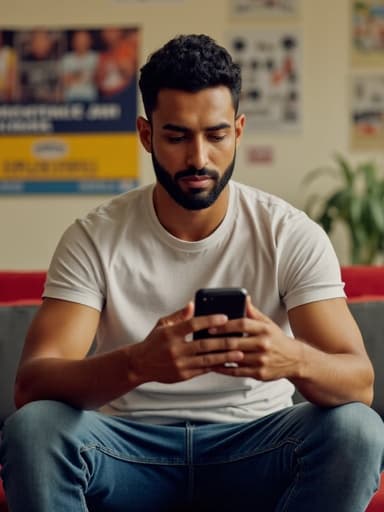 30대 초반의 중동계 남성이 소파에 편안하게 앉아 캐주얼한 티셔츠와 청바지를 입고 스마트폰으로 동영상을 진지하게 시청하고 있습니다. 다양한 포스터로 장식된 커뮤니티 센터의 내부가 따뜻하고 아늑한 분위기를 만들어냅니다.