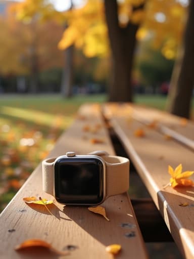 가을 낙엽이 쌓인 공원에서 나무 벤치 위에 있는 스마트워치, 부드러운 자연광이 나무 사이로 비추며 고요하고 평화로운 분위기.