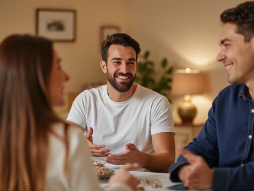 20대 후반의 유럽계 남성이 자연스러운 외모를 가지고, 캐주얼한 흰색 티셔츠와 청바지를 착용한 채로 아늑한 가정집 거실의 테이블에 앉아 편안한 미소를 짓고 있습니다. 그는 가족과 대화 중이며 손짓으로 자신의 이야기를 강조하고 있습니다. 가족 사진과 부드러운 조명이 있는 따뜻한 분위기의 공간입니다.