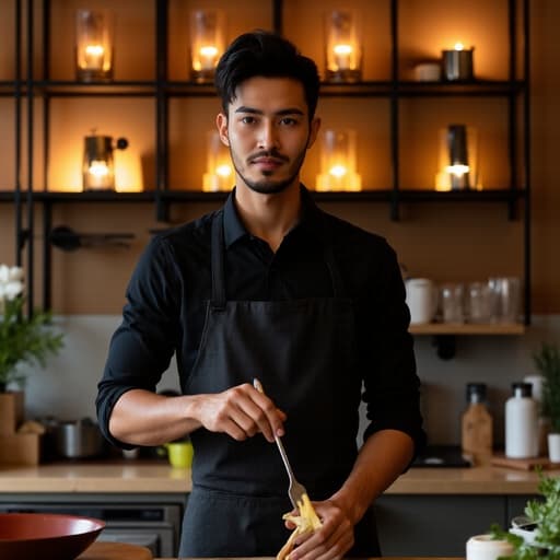 20대 초반의 중동계 남성이 세련된 블랙 셔츠와 앞치마를 착용하고 아늑한 카페 주방에서 자신감 있게 요리를 하고 있습니다. 그의 자연스러운 외모와 매력적인 표정은 따뜻하고 초대하는 분위기 속에서 요리 도구와 능숙하게 상호작용하며 세련됨을 전달합니다.