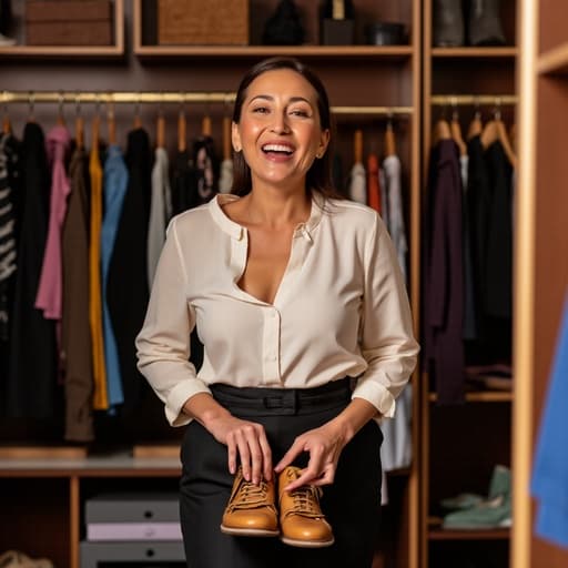 50대 초반의 중동계 여성이 다양한 신발과 의류가 진열된 옷장 앞에서 즐거운 표정을 지으며 신발을 신기 위해 준비하는 모습, 세련된 블라우스와 슬랙스를 착용하고 있습니다.