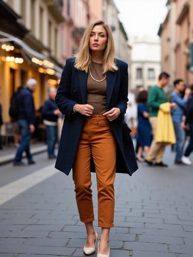 40대 초반 유럽계 여성이 자연스러운 외모로 세련된 캐주얼 의상을 입고, 멋진 신발을 신기 위해 걱정스러운 표정을 지으며 가슴에 손을 댄 모습의 반신 사진입니다. 배경에는 다양한 사람들이 지나가는 도시 거리 풍경이 도시적인 분위기를 더합니다.