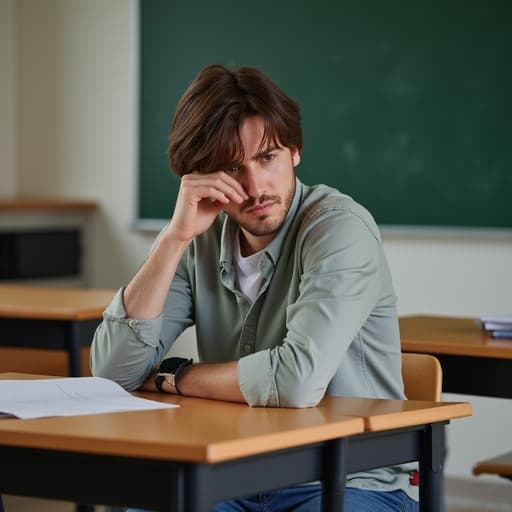 30대 초반의 백인 남성이 교실 책상에 앉아 캐주얼한 셔츠와 청바지를 입고 불만스러운 표정을 지으며 팔짱을 끼고 있습니다. 그는 앞에서 진행되고 있는 강의에 집중하지 못하는 모습입니다. 배경에는 책상과 칠판이 있는 교실 환경이 보이며, 그의 산만한 태도에 대한 맥락을 제공합니다.