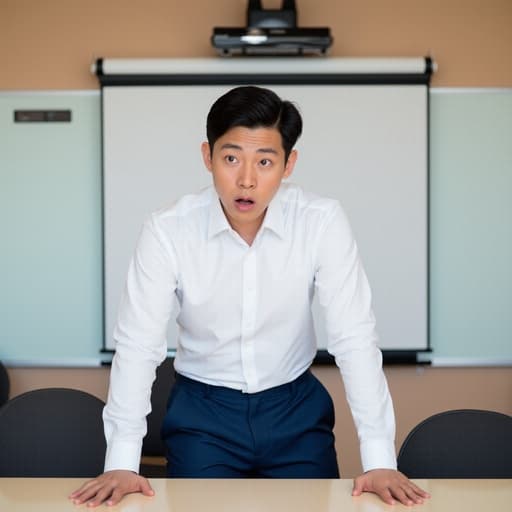 깔끔한 화이트 셔츠와 네이비 블루 정장 바지를 입은 동양인 남성이 당황한 표정을 지으며 회의 테이블에 손을 올리고 약간 앞으로 숙인 자세로 현대적인 회의실 배경에서 촬영된 이미지입니다.