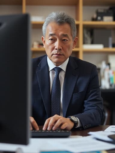 사무실 책상에 앉아 컴퓨터 화면을 주의 깊게 바라보며 찡그린 표정을 짓고 있는 40대 초반의 동양인 남성의 반신 사진. 그는 정장과 넥타이를 매고 세련된 셔츠를 착용하고 있으며, 책상 위에는 문서와 사무용품들이 놓여 있어 전문적인 분위기가 연출되고 있습니다.