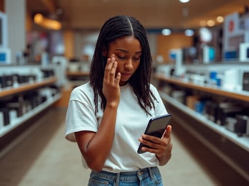 10대 후반의 흑인 여성의 반신 샷으로, 자연스러운 외모를 가진 그녀는 캐주얼한 티셔츠와 청바지를 입고 있습니다. 그녀는 슬픈 표정을 짓고 있으며 눈물이 그녀의 뺨을 타고 흐르고 있습니다. 한 손에는 스마트폰을 들고 있고, 다른 손으로는 눈물을 닦고 있습니다. 배경에는 다양한 전자기기가 진열된 전자매장이 있어 그녀의 감정 상태와 주변의 활기찬 환경 간의 대조를 만들어냅니다.