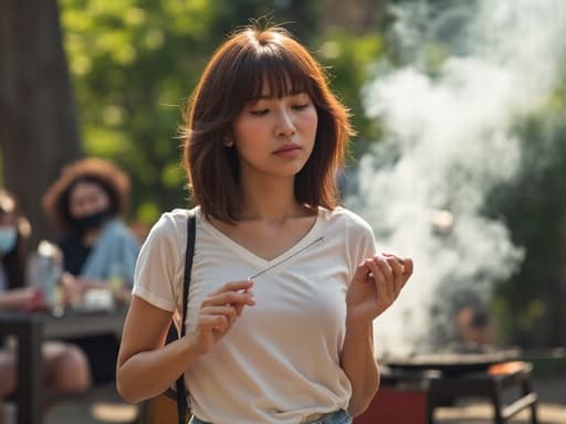 30대 초반의 한국인 여성이 캐주얼한 티셔츠와 청바지를 입고, 한 손에는 간식을 들고 다른 손으로는 전화를 사용하며 눈물을 흘리며 슬퍼하는 모습을 담은 반신 사진입니다. 배경에는 그릴에서 연기가 피어오르는 바베큐장이 펼쳐져 있어 그녀의 감정 상태와 주변의 축제 분위기 간의 대조를 강조합니다.