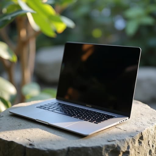 유기적 곡선 위에 있는 초슬림 노트북, 부드러운 자연광, 미세한 반사가 있는 금속 마감, 고해상도 디스플레이, 질감이 있는 키, 흐릿한 유기적 배경의 심도, 고요하고 현대적이며 세련된.