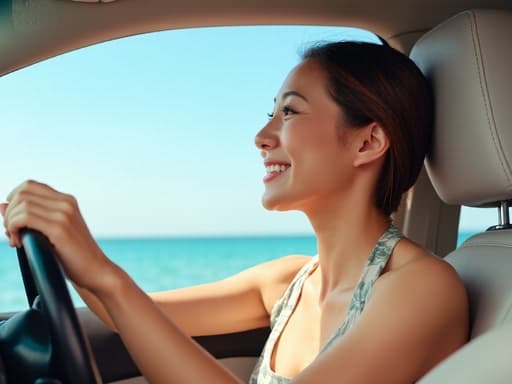 40대 중반의 아시아계 여성이 편안한 여름 옷을 입고 여유로운 자세로 차를 운전하고 있으며, 손을 스티어링 휠에 올리고 있습니다. 배경은 푸른 하늘과 맑은 바다가 펼쳐진 해변으로, 자유롭고 행복한 분위기를 전달합니다.