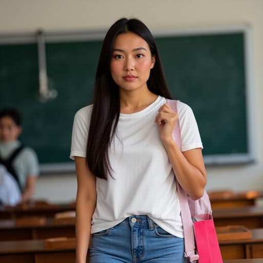 10대 후반의 라틴계 여성이 교실에 서서 캐주얼한 티셔츠와 청바지를 입고 밝은 스니커즈를 신고 있습니다. 차가운 표정을 지으며 한 손에는 쇼핑백을 들고, 어깨에는 가방을 메고 있습니다. 책상과 칠판이 있는 교실 배경이 학습 분위기를 조성하며, 그녀의 캐주얼한 패션과 역동적인 학습 환경이 잘 어우러져 있습니다.