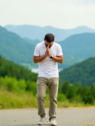 30대 후반의 중동계 남성이 편안한 티셔츠와 바지를 착용하고, 간단한 스니커즈를 신고 있는 반신 사진입니다. 그는 피곤한 표정을 지으며 약간의 긴장을 느끼고 있는 모습으로, 고개를 숙이고 두 손을 모아 인사하는 자세를 취하고 있습니다. 푸르른 산의 배경이 자연과의 조화를 느끼게 해주는 아름다운 장면입니다.