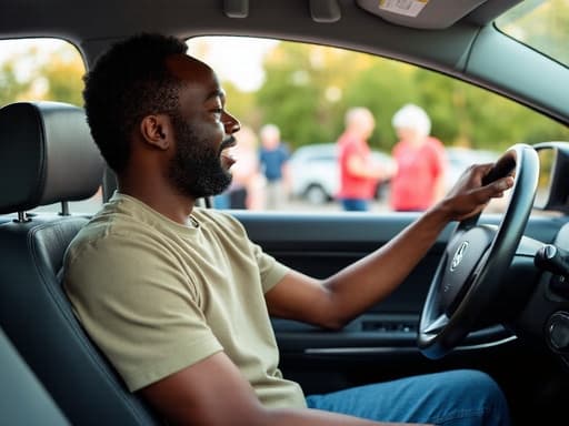 30대 중반의 흑인 남성이 편안한 티셔츠와 청바지를 입고 행복한 표정을 지으며 핸들을 잡고 운전하고 있습니다. 배경에는 커뮤니티 센터의 주차장이 보이며, 주변에는 사람들로 북적이는 활기찬 분위기가 느껴집니다.