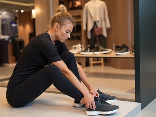 30대 후반의 여성이 트렌디한 운동복을 입고 신발을 신으며 요가 자세를 취하고 있는 모습이 담긴 반신 사진입니다. 한쪽 발을 살짝 들어올리며 평온한 표정을 짓고 있으며, 배경에는 다양한 신발이 진열된 세련된 패션 매장이 있습니다. 운동과 패션이 완벽하게 어우러진 장면을 강조합니다.
