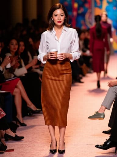 30대 후반의 동양인 여성이 세련된 블라우스와 핸드메이드 스커트를 착용하고 멋진 하이힐을 신은 채, 놀라운 표정을 지으며 한 손으로 커피컵을 들고 다른 손으로 신발을 신기 위해 발을 들어올리고 있는 모습의 반신 초상입니다. 화려한 패션쇼의 런웨이가 배경으로 펼쳐져 있으며, 관객들이 그녀의 모든 움직임을 지켜보고 있는 역동적이고 매력적인 장면이 고급 패션과 우아함의 본질을 잘 포착하고 있습니다.